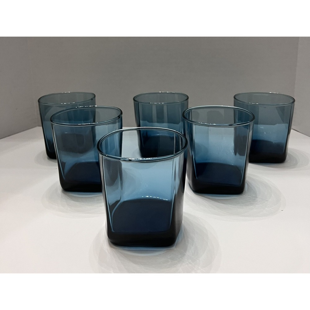 Vtg MCM Anchor Hocking Rio Coastal Blue Flat Tumblers Glasses set Of 6